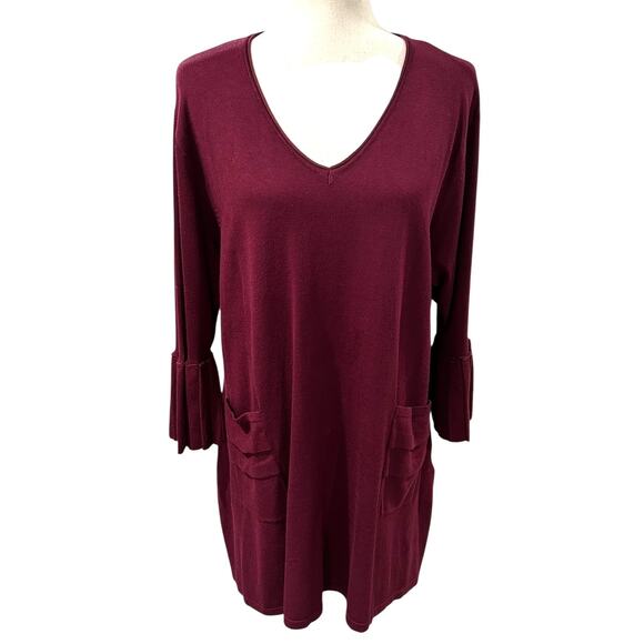 NEW Ethyl Clothing Burgundy Sweater Pleated Sleeves Pockets V Neck Size XL - Picture 1 of 6